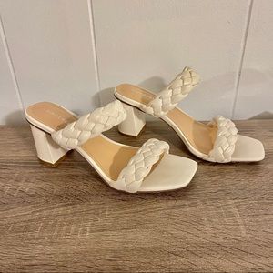 Off White Square Toe Block High Heels Backless Slip on Mule Sandals